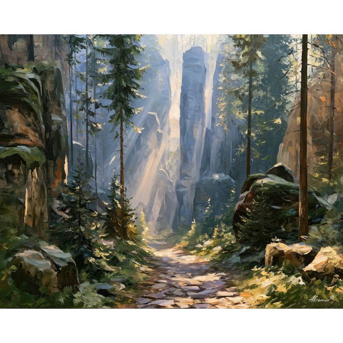 Adrspach painting, Czechia rock formation art, nature wall decor, Afremov style oil painting, palette knife landscape, sandstone tower artwork, forest path painting, travel wall art, dramatic geology art, scenic nature decor