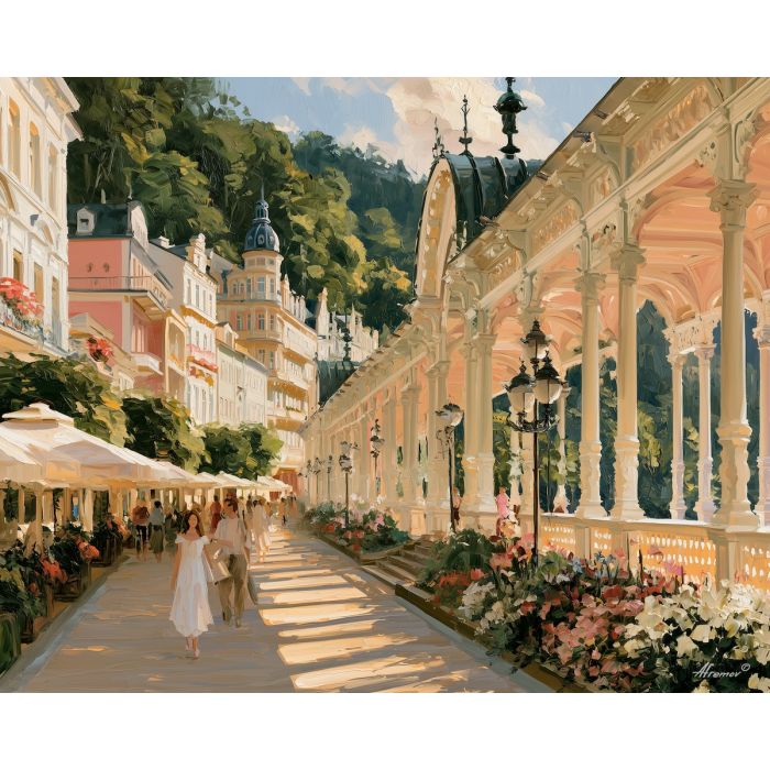 Karlovy Vary painting, Czech spa town art, colonnade decor, Afremov style oil painting, palette knife architecture, elegant cityscape painting, Czech travel artwork, pastel street art, historic promenade decor, spa town wall art