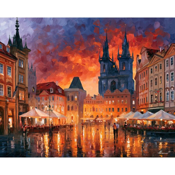 Prague old town painting, Czechia city art, historic square decor, Afremov style oil painting, palette knife architecture, Prague wall art, colorful cityscape painting, European square artwork, travel decor, old town wall art