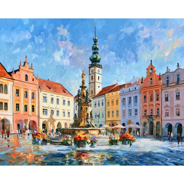 Olomouc painting, Czech square art, baroque architecture decor, Afremov style oil painting, palette knife cityscape, fountain artwork, colorful European square, travel wall art, pastel facade painting, historic wall decor