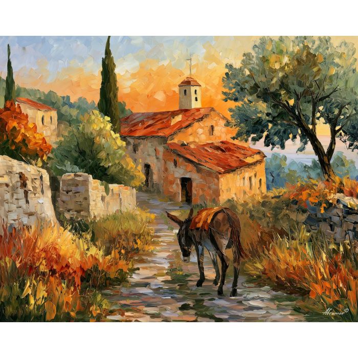 donkey painting, Cyprus countryside art, rustic village decor, Afremov style oil painting, palette knife rural scene, Mediterranean animal artwork, stone path painting, olive tree landscape, travel wall art, country wall decor