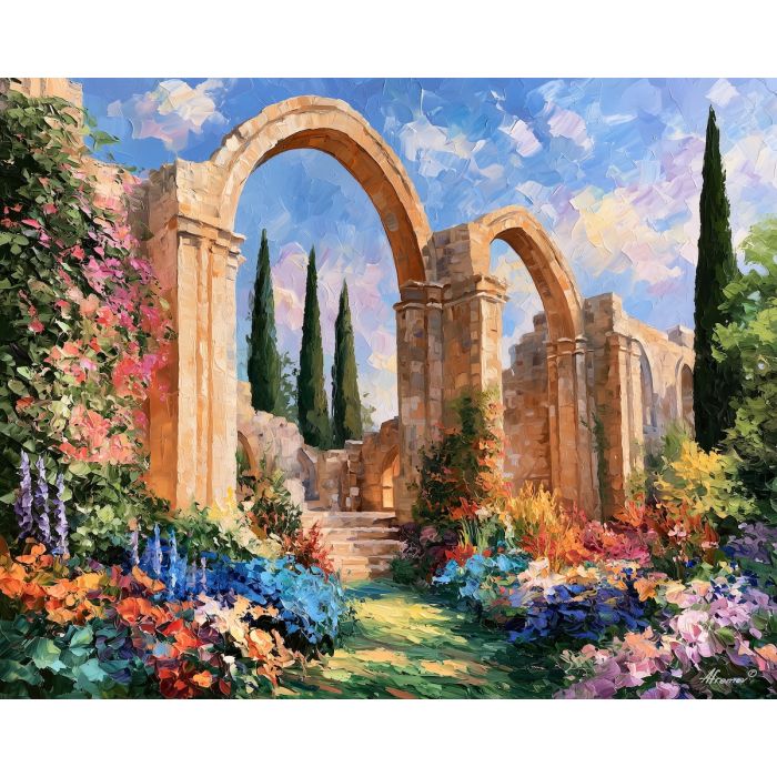 Bellapais painting, Cyprus abbey art, stone ruin decor, Afremov style oil painting, palette knife architecture, garden ruin artwork, hillside monastery painting, heritage wall art, peaceful Mediterranean art, travel decor
