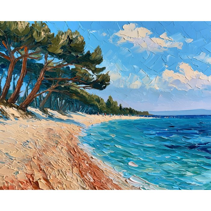 Zlatni Rat painting, Croatia beach art, Adriatic shoreline decor, Afremov style oil painting, palette knife seascape, crystal water painting, Croatian summer artwork, island beach wall art, travel decor, bright coastal landscape