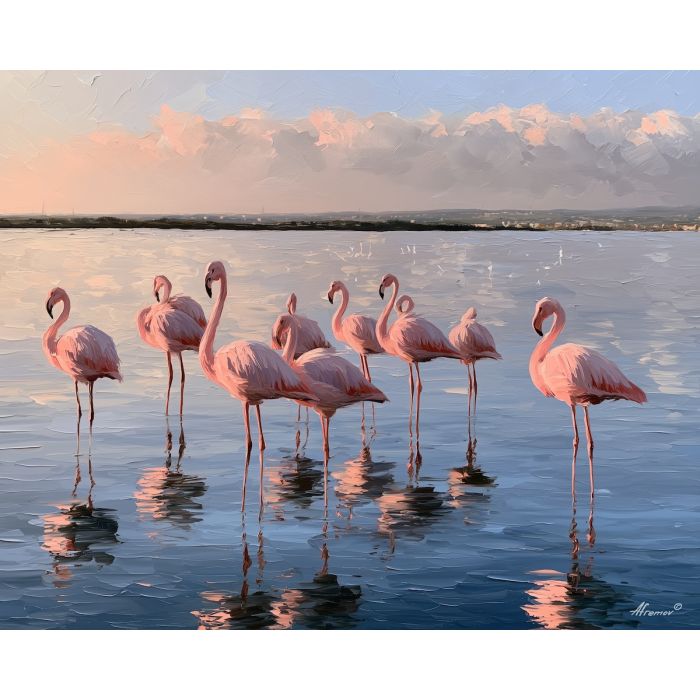 Larnaca Salt Lake painting, Cyprus flamingo art, wildlife wall decor, Afremov style oil painting, palette knife nature scene, bird landscape painting, reflective lake artwork, colorful Cyprus decor, serene wall art, travel painting