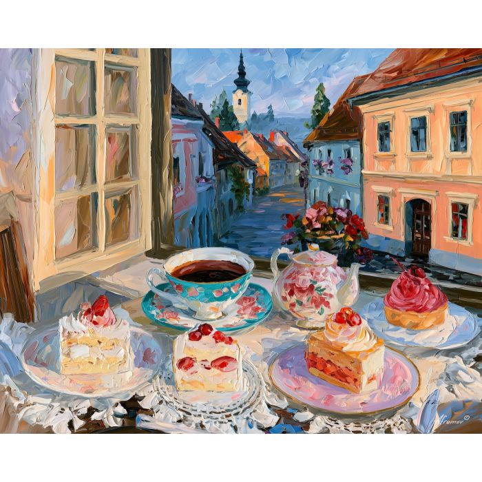 Samobor painting, Croatia dessert art, café table decor, Afremov style oil painting, palette knife still life, coffee and cake artwork, sweet shop wall art, cozy kitchen decor, Croatian culinary art, pastry painting