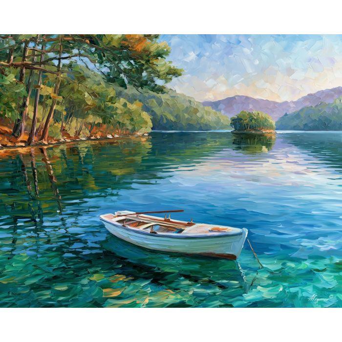 Mljet painting, Croatia lake art, island nature decor, Afremov style oil painting, palette knife landscape, pine forest water scene, Croatian travel art, serene lake painting, boat reflection artwork, nature wall decor