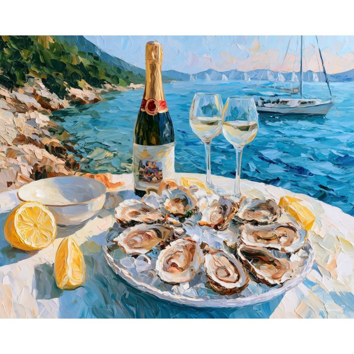 Peljesac painting, Croatia seafood art, oyster still life decor, Afremov style oil painting, palette knife food artwork, coastal dining wall art, Adriatic cuisine painting, kitchen decor, seafood restaurant art, elegant culinary wall art