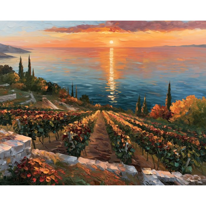 Dalmatian vineyard painting, Croatia wine country art, terrace landscape decor, Afremov style oil painting, palette knife countryside, Adriatic vineyard wall art, stone wall painting, sunset coastal landscape, rustic wine decor, travel art