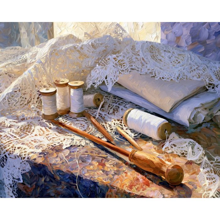 Pag lace painting, Croatia textile art, artisan decor, Afremov style oil painting, palette knife still life, handcrafted lace artwork, sewing room wall art, Croatian craft painting, delicate fabric art, heritage decor