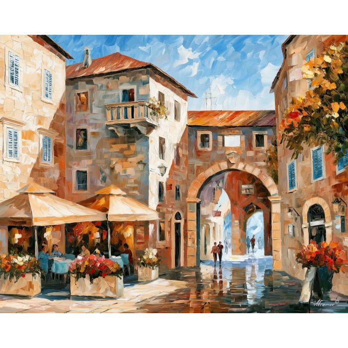 Trogir painting, Croatia square art, historic town decor, Afremov style oil painting, palette knife cityscape, Dalmatian architecture artwork, sunny square painting, travel wall art, café terrace decor, old town wall art