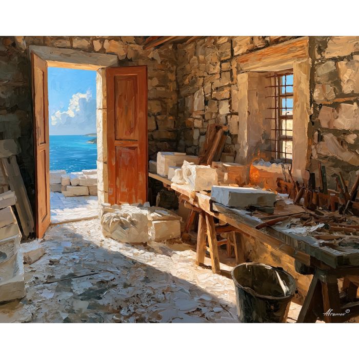Brac painting, Croatia stone workshop art, stonemason decor, Afremov style oil painting, palette knife still life, artisan studio painting, white stone artwork, Croatian craft wall art, rustic workshop decor, island heritage art