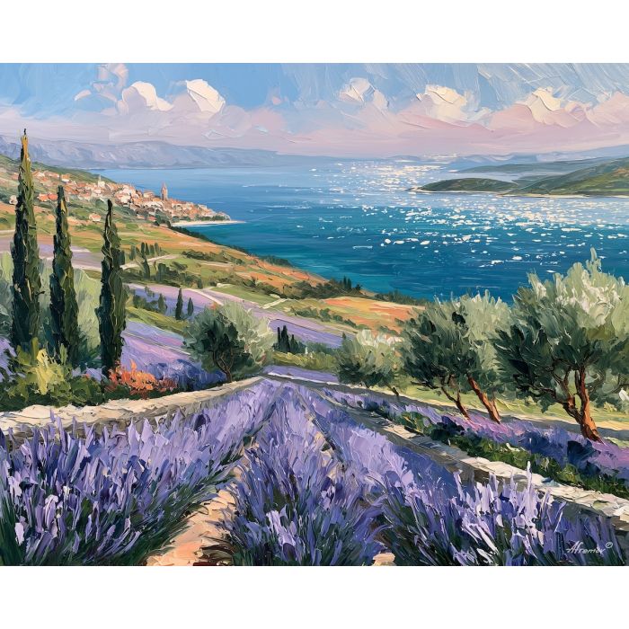 Hvar painting, Croatia lavender art, island landscape decor, Afremov style oil painting, palette knife countryside, Adriatic island artwork, stone wall painting, floral landscape wall art, Croatian summer art, Mediterranean decor