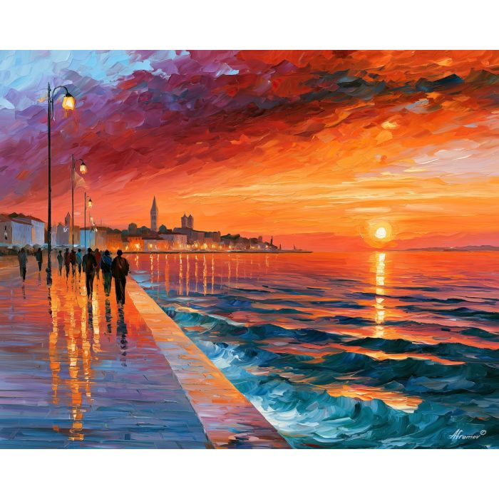 Zadar painting, Croatia sunset art, seaside promenade decor, Afremov style oil painting, palette knife seascape, Adriatic wall art, colorful evening waterfront, Croatian travel painting, glowing sky artwork, coastal wall decor