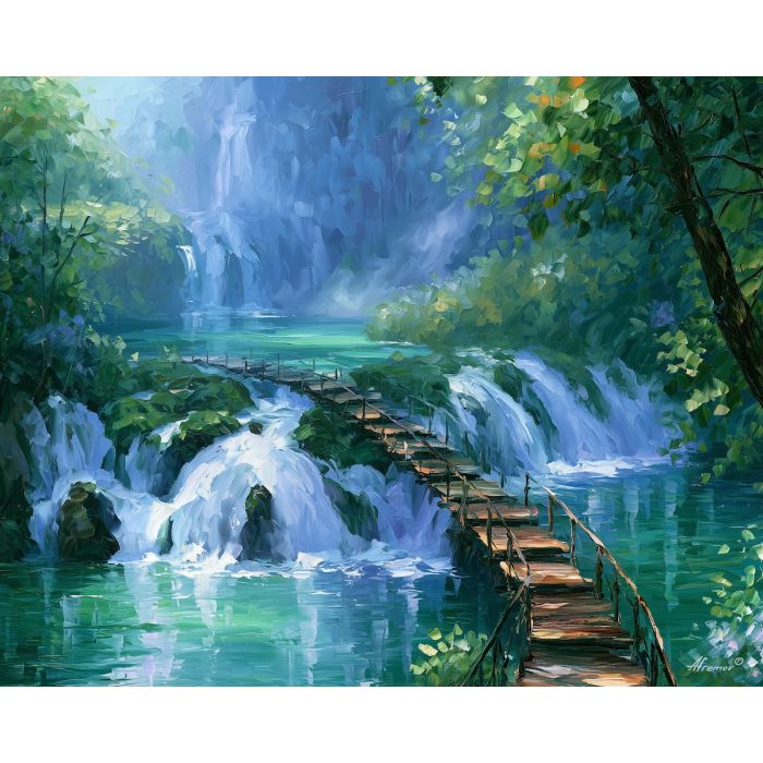 Plitvice painting, Croatia waterfall art, national park decor, Afremov style oil painting, palette knife landscape, emerald lake painting, forest waterfall artwork, Croatian nature art, travel wall decor, scenic waterfall painting