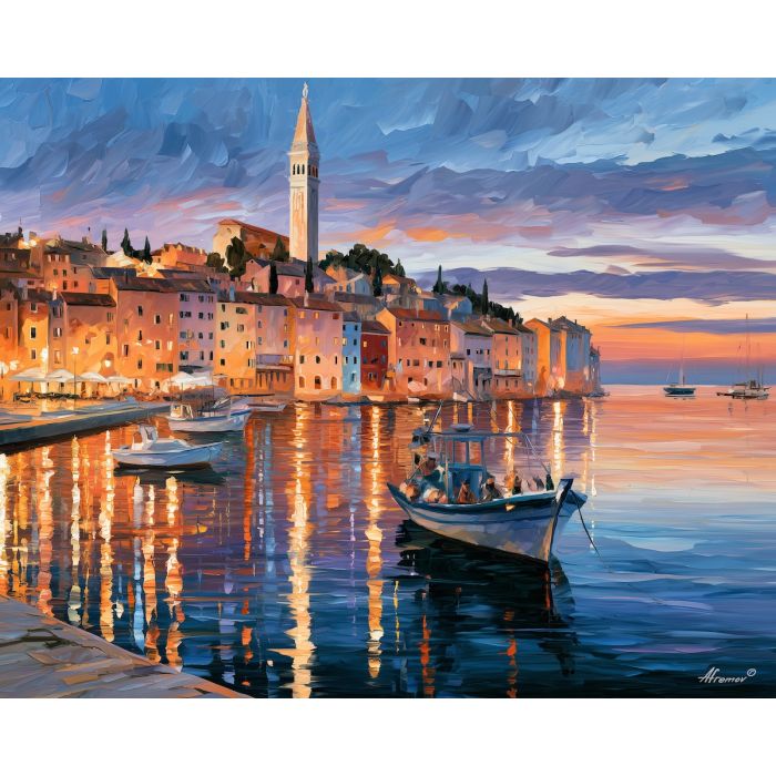 Rovinj painting, Croatia waterfront art, old town decor, Afremov style oil painting, palette knife cityscape, Istria wall art, fishing boat painting, evening reflection artwork, Croatian coastal art, romantic seascape