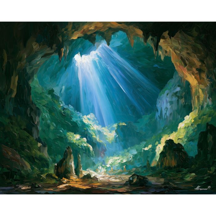 Devetashka Cave painting, Bulgaria nature art, cave interior decor, Afremov style oil painting, palette knife landscape, dramatic light artwork, rocky cavern painting, travel wall art, natural wonder decor, atmospheric nature art