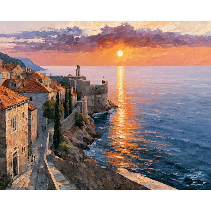 Dubrovnik painting, Croatia wall art, old town decor, Afremov style oil painting, palette knife cityscape, Adriatic coast painting, Croatian travel art, sunset architecture painting, terracotta rooftop art, coastal wall decor