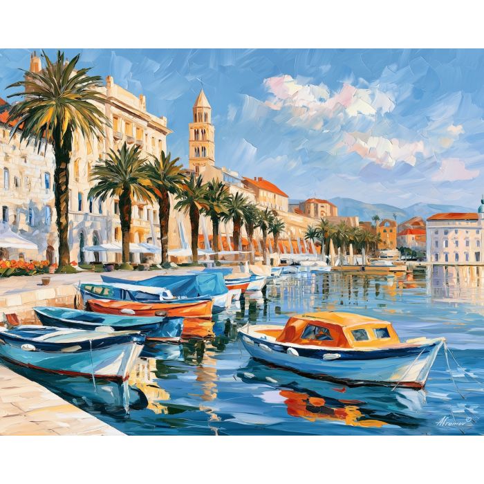 Split painting, Croatia harbor art, Adriatic waterfront decor, Afremov style oil painting, palette knife seascape, coastal city painting, Croatian travel wall art, colorful harbor artwork, palm tree waterfront, Mediterranean wall decor