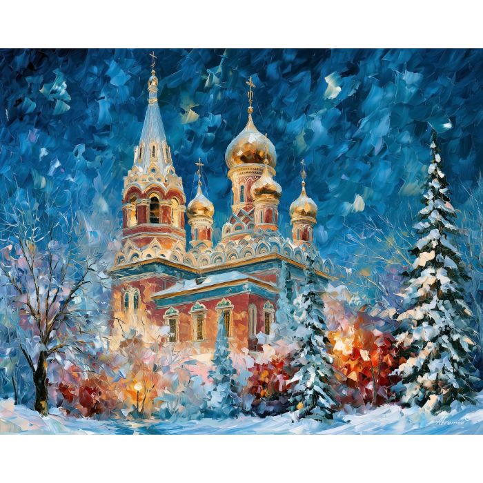 Shipka Church painting, Bulgaria winter art, snow church decor, Afremov style oil painting, palette knife architecture, golden dome artwork, Bulgarian landmark painting, winter wall art, colorful snowy scene, travel decor