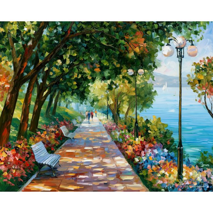 Varna painting, Bulgaria coastal park art, seagarden wall decor, Afremov style oil painting, palette knife landscape, Black Sea city artwork, colorful park path painting, travel wall art, floral walkway art, seaside decor