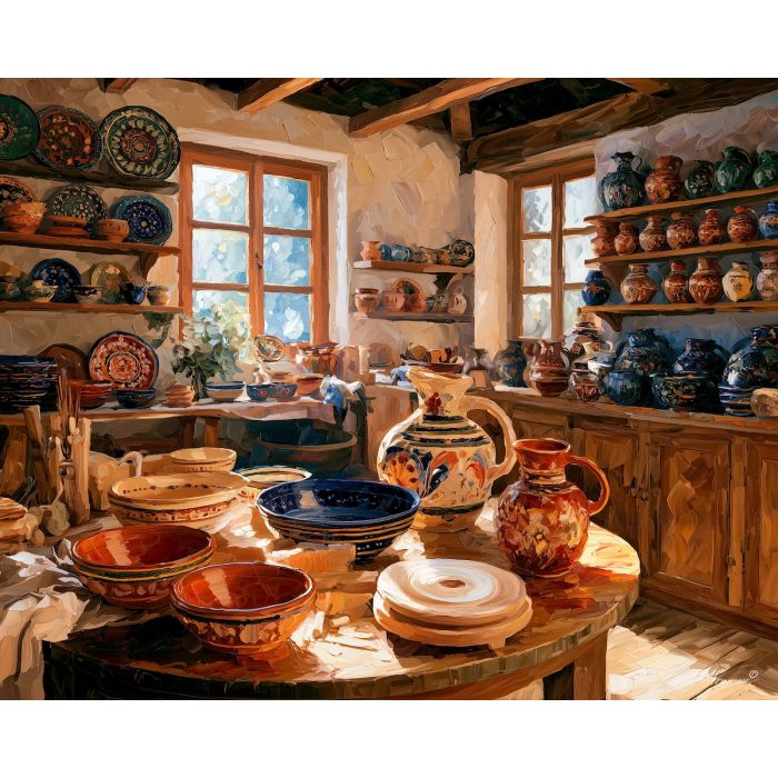 Bulgarian pottery painting, ceramic workshop art, folk craft decor, Afremov style oil painting, palette knife still life, artisan studio artwork, colorful ceramic wall art, handmade pottery painting, craft room decor, heritage art