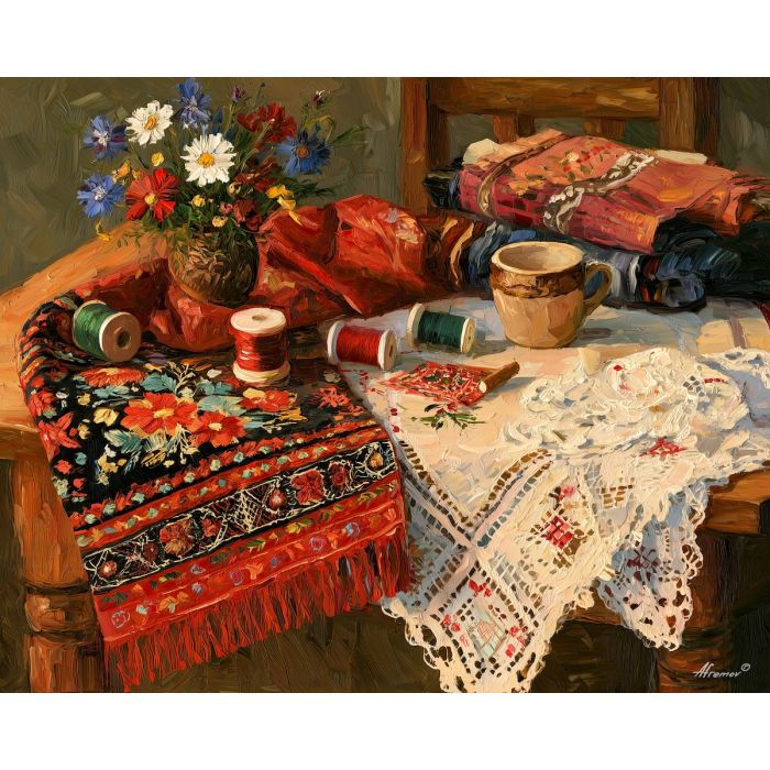 Bulgarian embroidery painting, textile art, folk craft decor, Afremov style oil painting, palette knife still life, handmade fabric artwork, colorful artisan wall art, sewing room decor, folk motif painting, heritage craft art