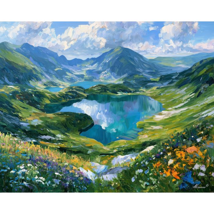 Seven Rila Lakes painting, Bulgaria mountain art, alpine lake decor, Afremov style oil painting, palette knife landscape, Bulgarian nature artwork, panoramic lake wall art, wildflower mountain painting, travel decor, summer landscape