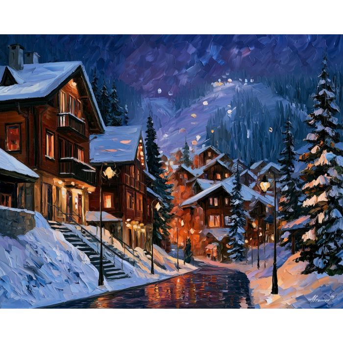 Bansko painting, Bulgaria winter village art, mountain chalet decor, Afremov style oil painting, palette knife night scene, snowy street artwork, cozy alpine town painting, winter travel decor, lantern wall art, ski village art