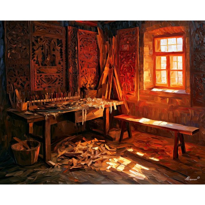 Tryavna painting, Bulgaria woodcarving art, artisan studio decor, Afremov style oil painting, palette knife workshop scene, Bulgarian craft artwork, carved wood wall art, heritage studio painting, rustic decor, handcrafted art