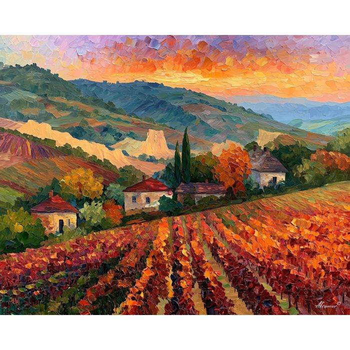 Melnik painting, Bulgaria vineyard art, wine country decor, Afremov style oil painting, palette knife landscape, Bulgarian countryside artwork, grapevine wall art, sandy hill painting, travel decor, rustic valley art