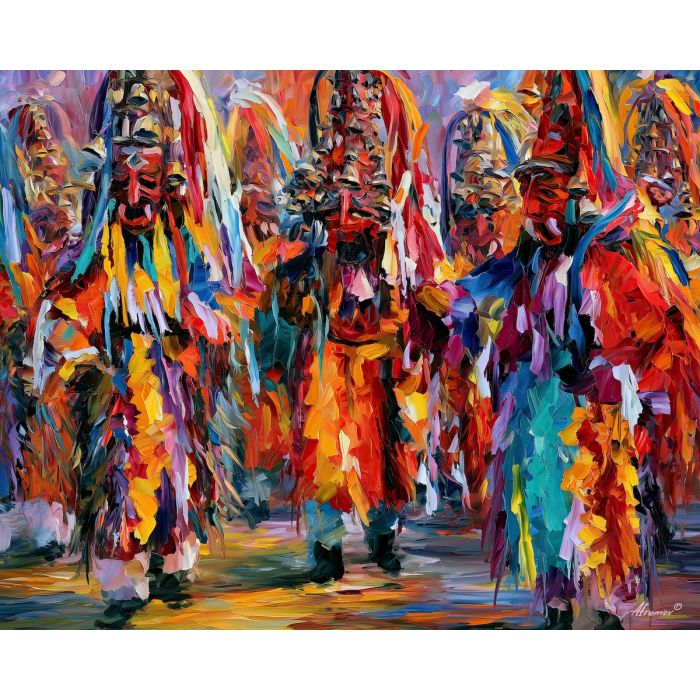 kukeri painting, Bulgarian festival art, carnival costume decor, Afremov style oil painting, palette knife cultural scene, colorful mask artwork, Bulgaria tradition painting, lively celebration wall art, folk festival art, movement painting