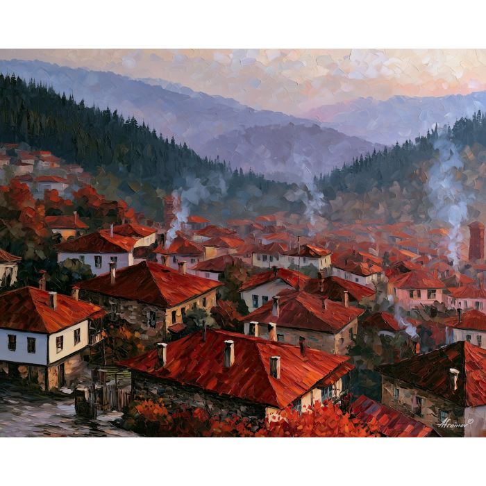 Rhodope painting, Bulgaria mountain village art, rural wall decor, Afremov style oil painting, palette knife landscape, Bulgarian countryside artwork, stone house painting, forest village decor, travel wall art, mountain home art