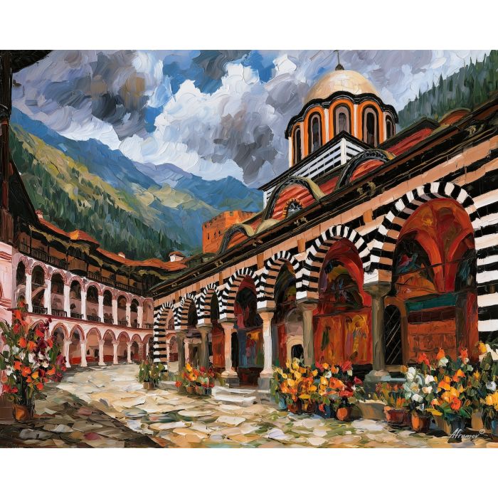 Rila Monastery painting, Bulgaria heritage art, monastery courtyard decor, Afremov style oil painting, palette knife architecture, Bulgarian cultural artwork, mountain monastery painting, colorful historic wall art, travel decor, spiritual architecture art