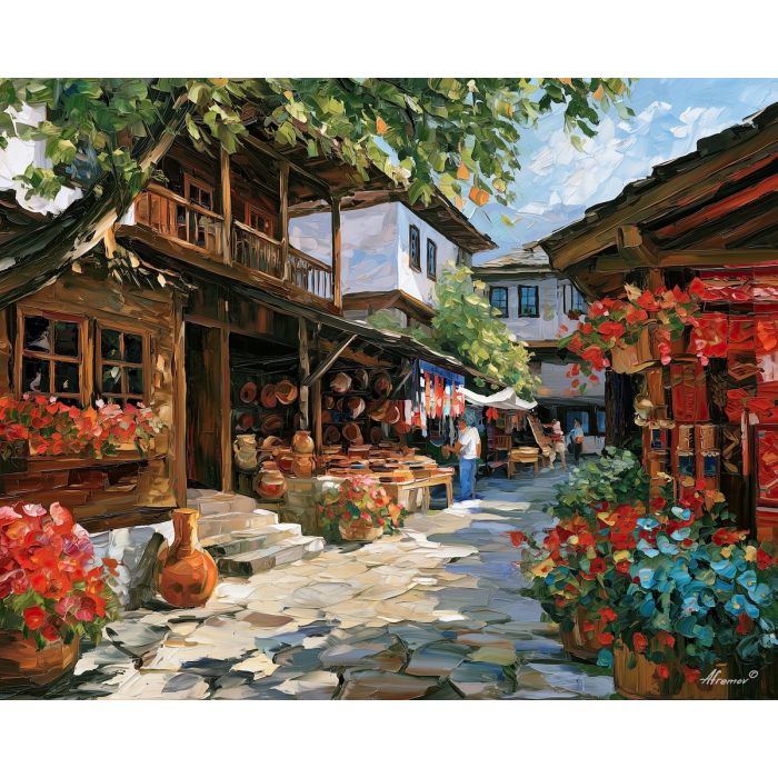 Etar painting, Bulgaria crafts art, folk village decor, Afremov style oil painting, palette knife architecture, Bulgarian artisan artwork, pottery and textiles painting, colorful courtyard art, heritage wall decor, cultural village scene