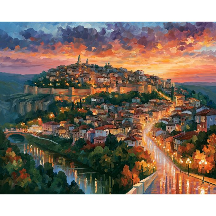 Veliko Tarnovo painting, Bulgaria hill town art, fortress wall decor, Afremov style oil painting, palette knife cityscape, Bulgarian heritage artwork, river valley painting, colorful town wall art, travel decor, historic landscape