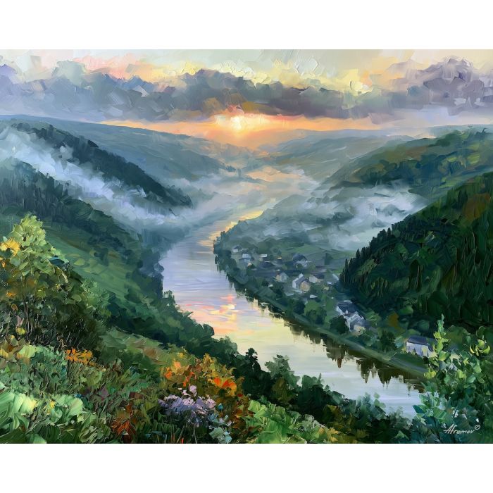 Semois River painting, Belgium landscape art, forested valley decor, Afremov style oil painting, palette knife nature artwork, Belgian countryside painting, river bend wall art, misty valley art, travel decor, panoramic landscape
