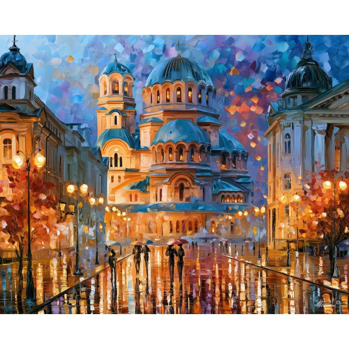 Sofia painting, Bulgaria city art, cathedral wall decor, Afremov style oil painting, palette knife cityscape, Bulgarian architecture artwork, rainy evening painting, colorful urban wall art, travel decor, cobblestone reflections