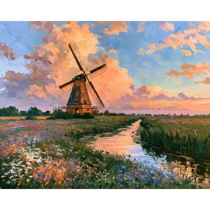 Flemish windmill painting, Belgium meadow art, countryside decor, Afremov style oil painting, palette knife landscape, Belgian rural artwork, wildflower field painting, canal reflection art, travel wall decor, open sky painting