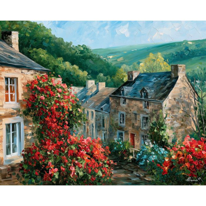 Walloon village painting, Belgium countryside art, stone cottage decor, Afremov style oil painting, palette knife landscape, Belgian rural artwork, colorful village wall art, travel decor, flower cottage painting, peaceful countryside art