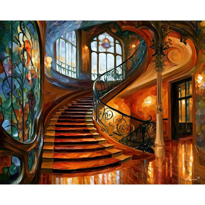 Brussels interior painting, art nouveau staircase art, Belgium decor, Afremov style oil painting, palette knife interior artwork, stained glass painting, elegant architectural wall art, decorative ironwork art, European design decor, heritage interior painting