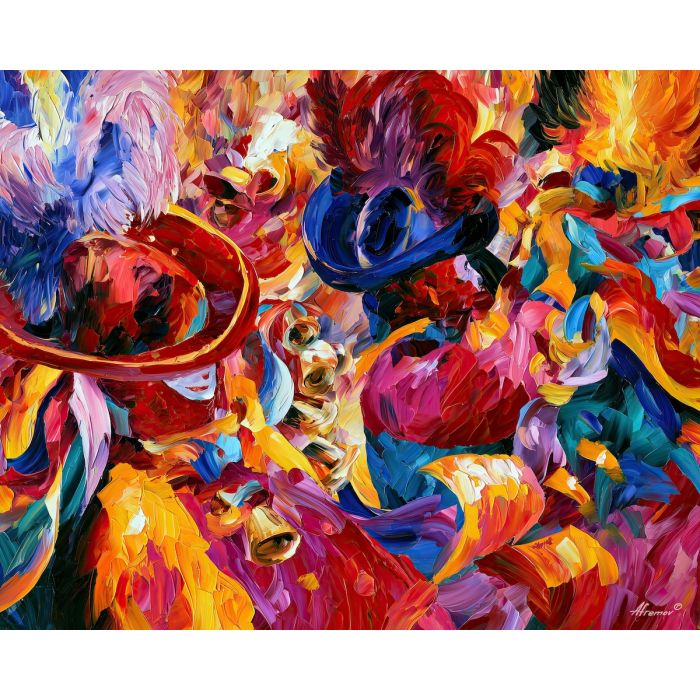 Belgian carnival painting, Binche inspired art, festive Belgium decor, Afremov style oil painting, palette knife celebration scene, colorful costume artwork, feathered hat painting, lively cultural wall art, event decor, movement painting