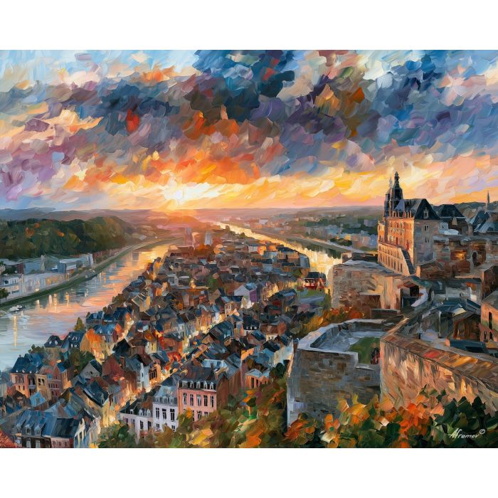Namur painting, Belgium citadel art, river valley decor, Afremov style oil painting, palette knife cityscape, Belgian heritage artwork, panoramic wall art, colorful river view, travel decor, historic fortress painting