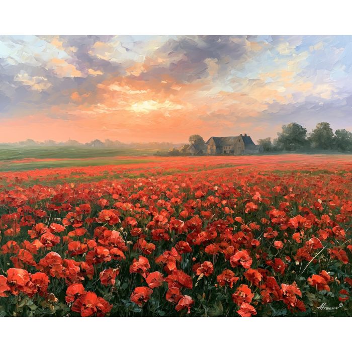 Ypres painting, Belgium poppy field art, countryside wall decor, Afremov style oil painting, palette knife floral landscape, remembrance poppy painting, colorful rural art, Belgian field artwork, red flower wall art, peaceful landscape