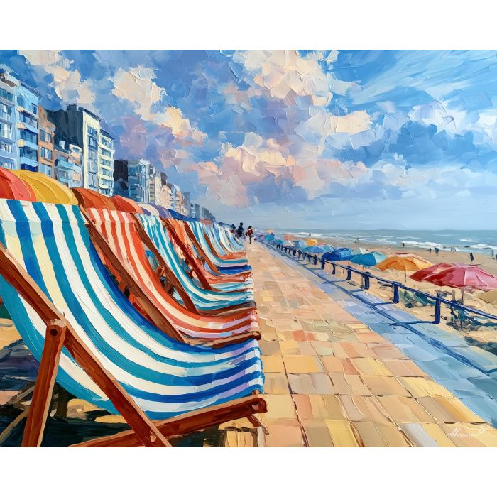 Ostend painting, Belgium seaside art, promenade wall decor, Afremov style oil painting, palette knife seascape, Belgian coast artwork, beach chair painting, colorful coastal art, summer wall decor, North Sea painting