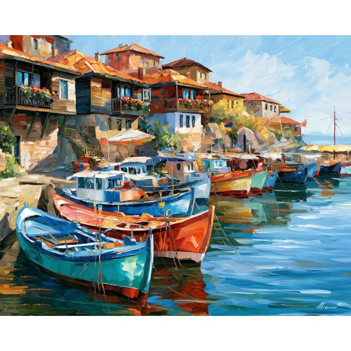 Sozopol painting, Bulgaria harbor art, Black Sea fishing boats, Afremov style oil painting, palette knife seascape, coastal village decor, colorful waterfront painting, travel wall art, old town harbor scene, seaside wall decor