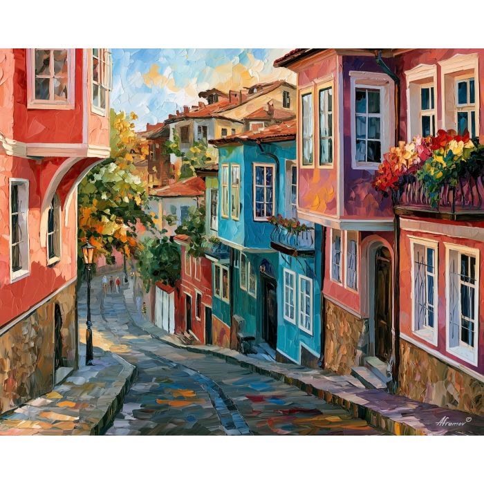 Plovdiv painting, Bulgaria old town art, revival house decor, Afremov style oil painting, palette knife street scene, Bulgarian architecture painting, cobblestone wall art, colorful Europe decor, historic town artwork, travel wall art