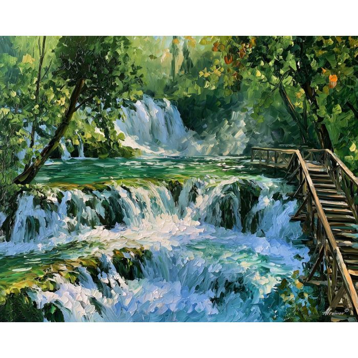 Krka painting, Croatia waterfall art, national park decor, Afremov style oil painting, palette knife landscape, forest water scene, Croatian nature artwork, mossy waterfall painting, travel wall art, scenic river art