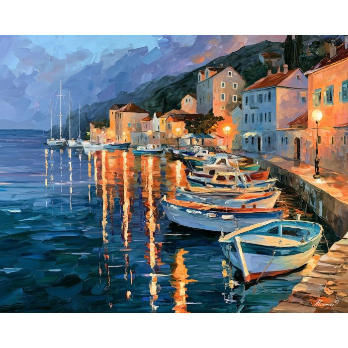Vis painting, Croatia harbor art, fishing boat decor, Afremov style oil painting, palette knife seascape, island waterfront artwork, Croatian coastal wall art, calm harbor painting, travel decor, evening sea reflections