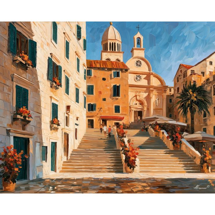 Sibenik painting, Croatia square art, cathedral decor, Afremov style oil painting, palette knife architecture, Dalmatian town artwork, sunny stone square painting, travel wall art, historic Croatia art, Mediterranean wall decor