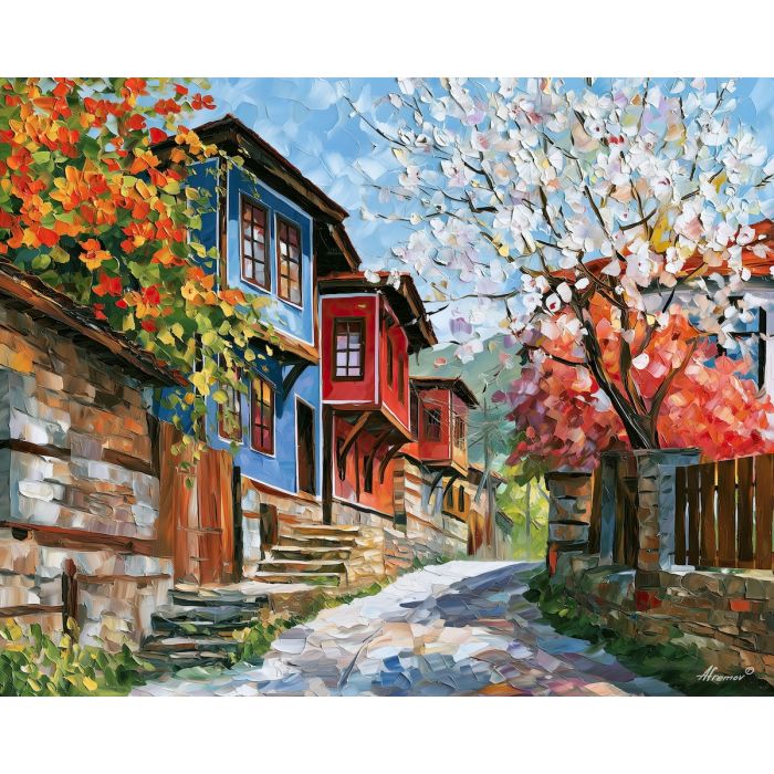 Koprivshtitsa painting, Bulgaria revival architecture art, spring street decor, Afremov style oil painting, palette knife cityscape, colorful village house painting, Bulgarian heritage wall art, blossom tree painting, travel decor, historic street art